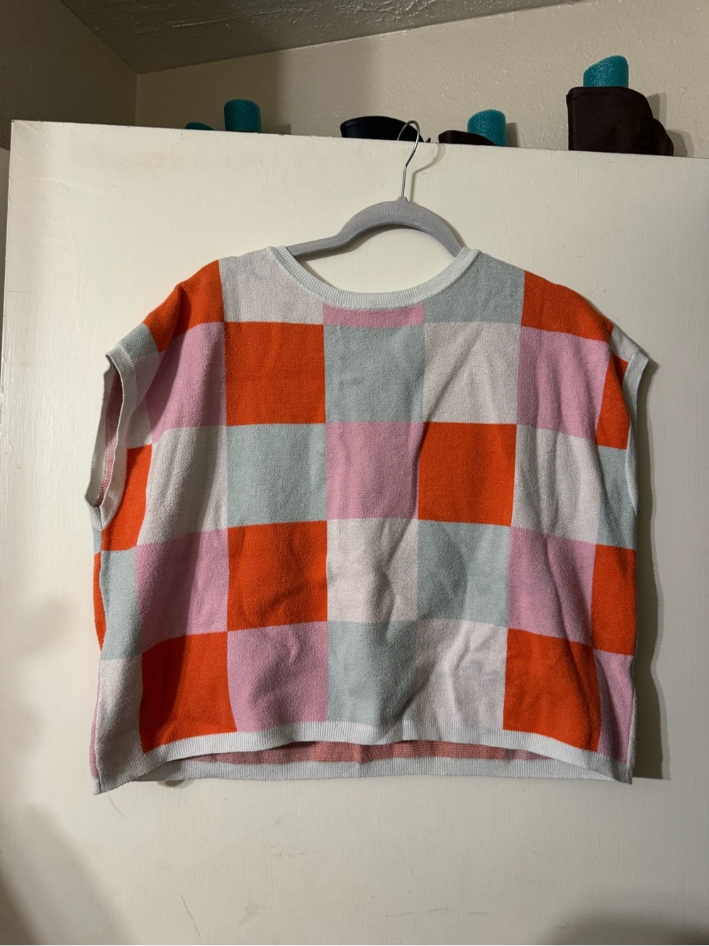 Checkerboard Knit Boxy Top in Orange, Pink & Light Blue